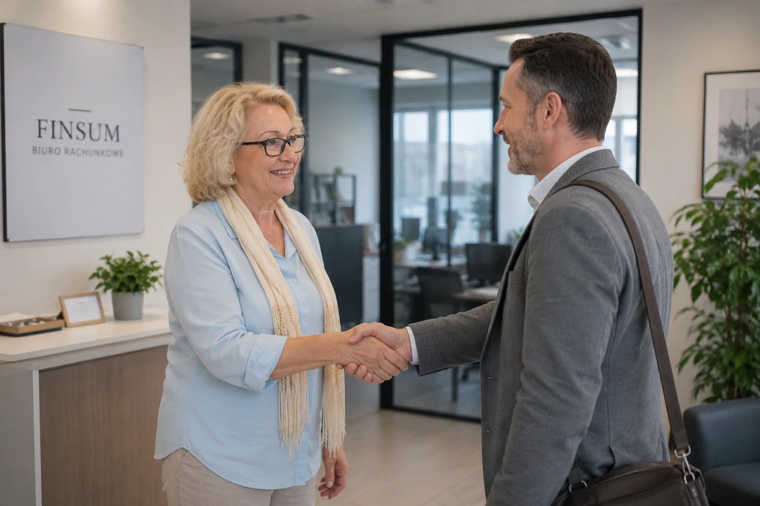 Partnerzy wFirma witają się uściskiem dłoni w biurze rachunkowym